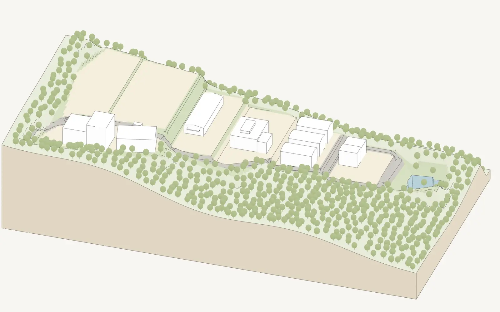 愛鷹フォレストパークのアイソメ図。造成された区画に、立地企業の建物が並ぶ。